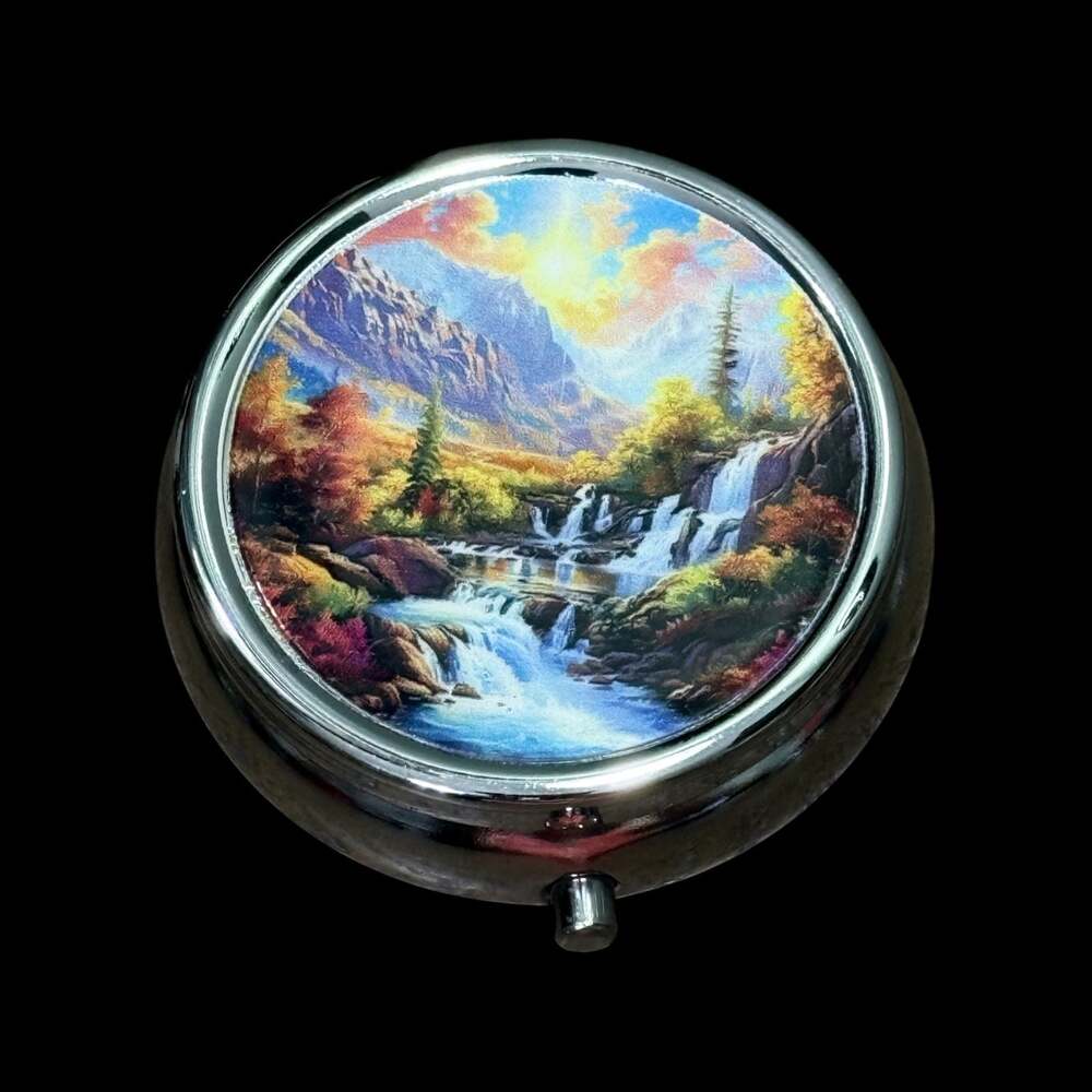 Cute Waterfall Portable Round Metal Pill Organizer Case